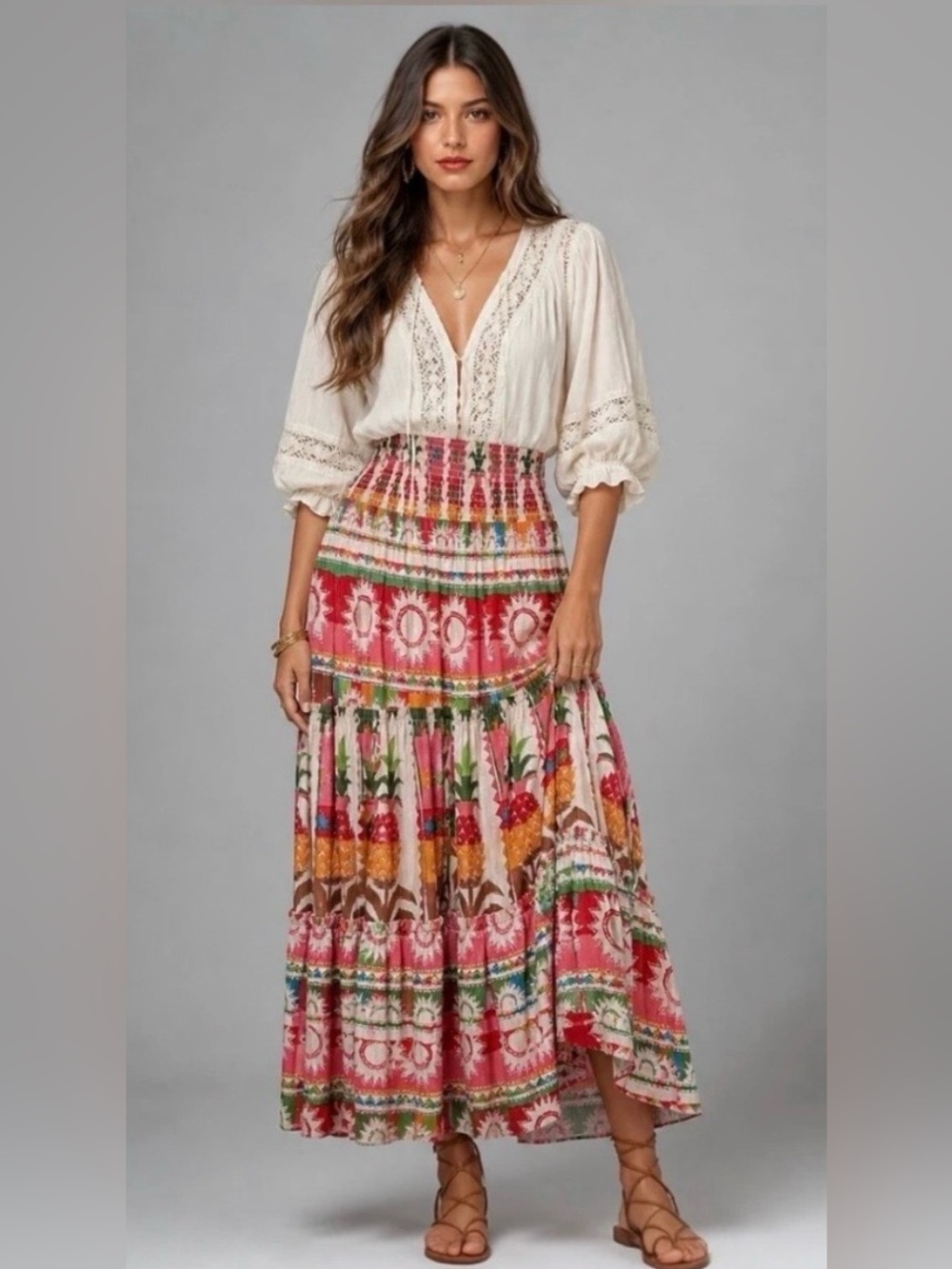 Sundance Pineapple Sunshine Print Multi Tiered Maxi Skirt